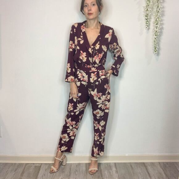 Zara Pants - ZARA floral jumpsuit long sleeve faux wrap pockets straight leg boho 70s 2408
